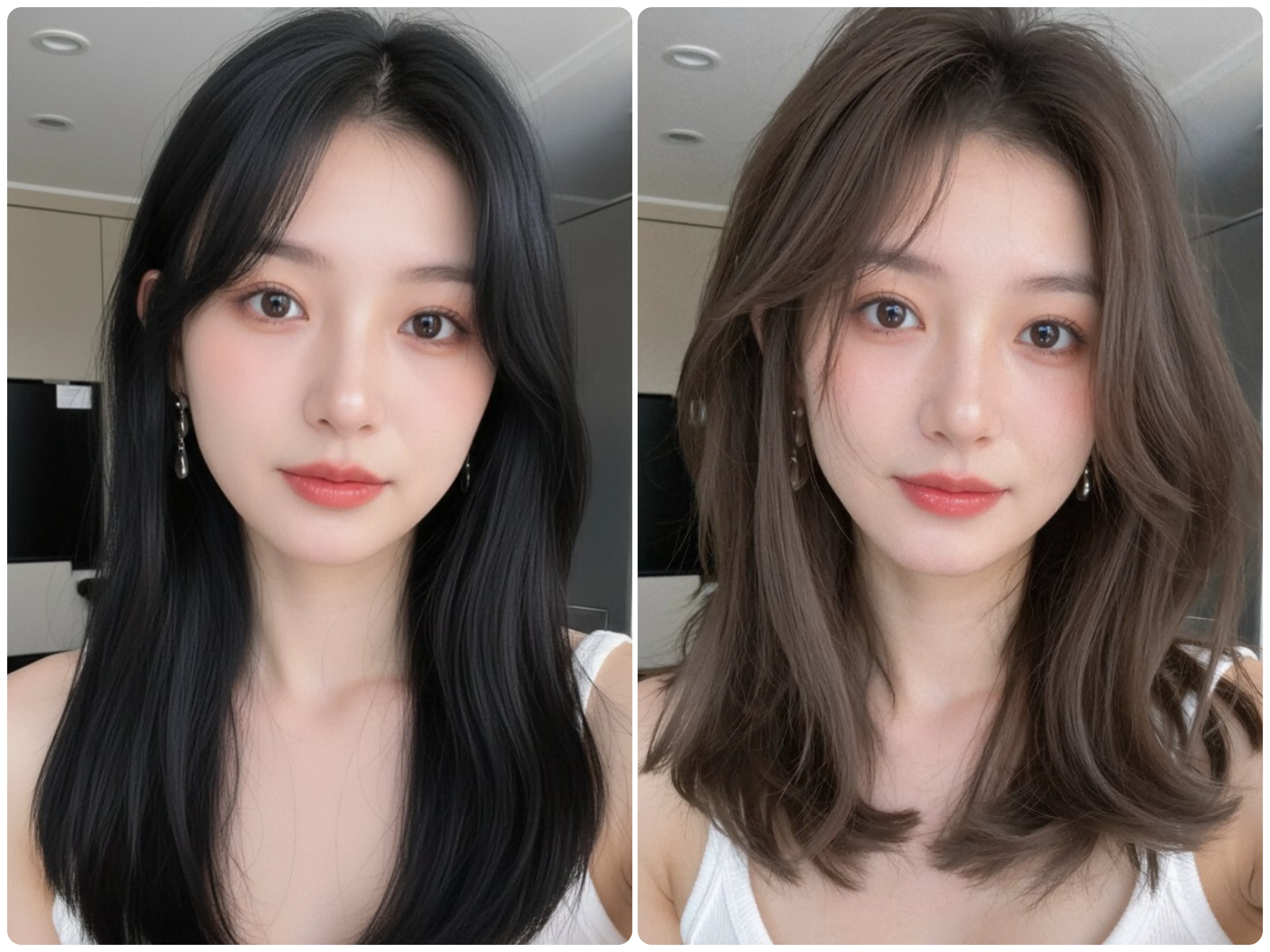 为女性换发型：中长茶色层次发，搭配修饰脸型的八字刘海。