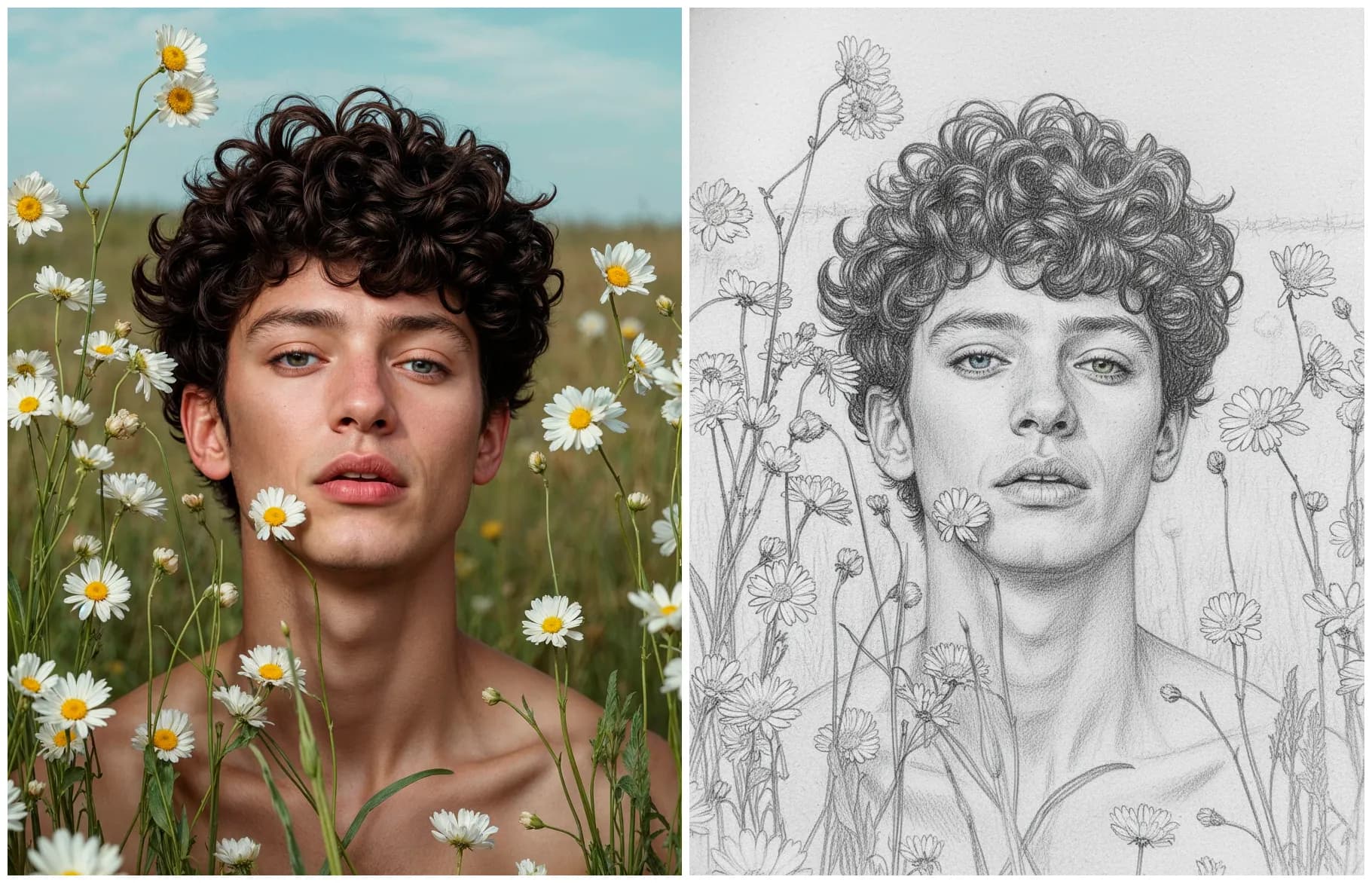 Przekształć to zdjęcie w szczegółowy szkic ołówkiem z drobnym cieniowaniem i naturalnymi pociągnięciami