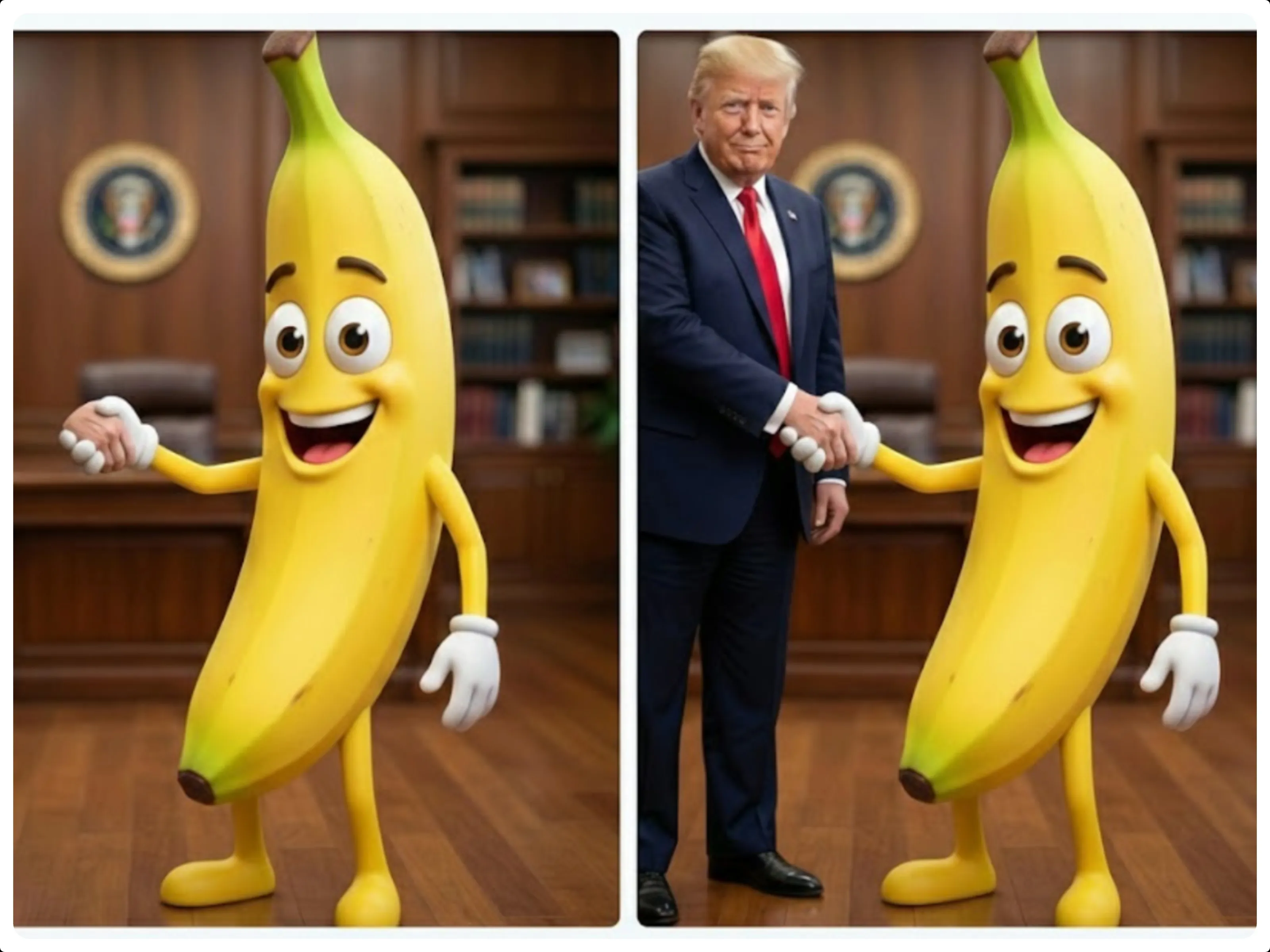 cartoon banana mascot in formal office, handshake with suited trump