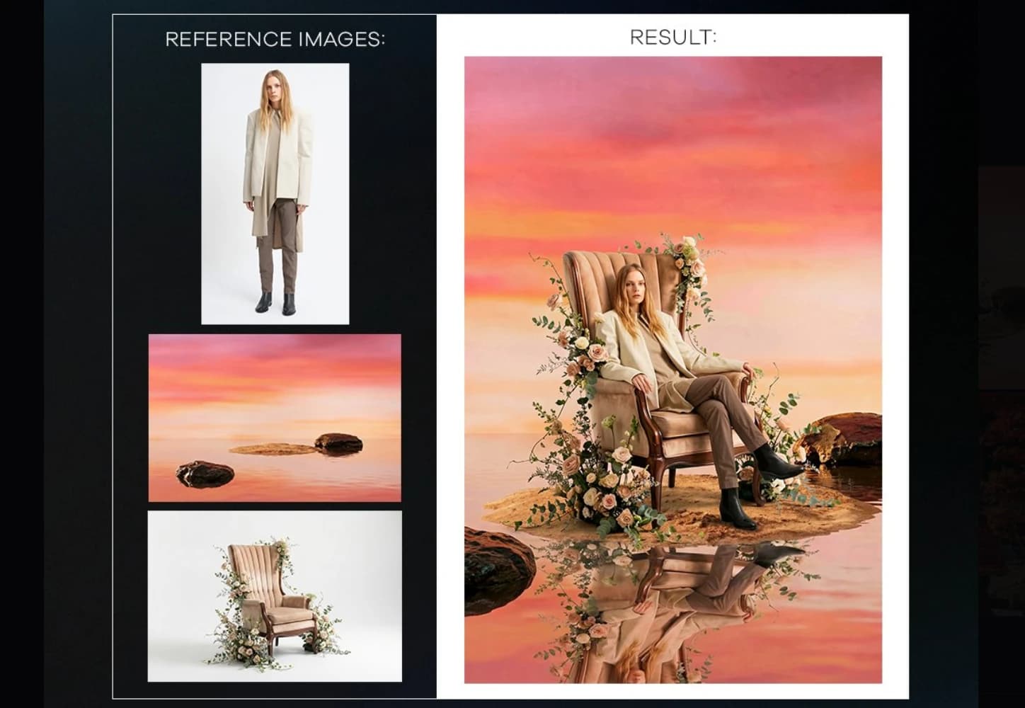 Usa image 01, image 02 e image 03 como recursos directos obligatorios. Mantén image 01 como el paisaje acuático al atardecer, image 02 centrada en la isla de arena e image 03 sentada en la silla con una pose editorial natural. Conserva todos los diseños originales y la identidad de la modelo. Unifica todo con luz cálida de atardecer, sombras coherentes, reflejos sutiles, contacto realista y un realismo cinematográfico premium perfectamente integrado. Sin collage, sin CGI, sin caricatura, sin render 3D.