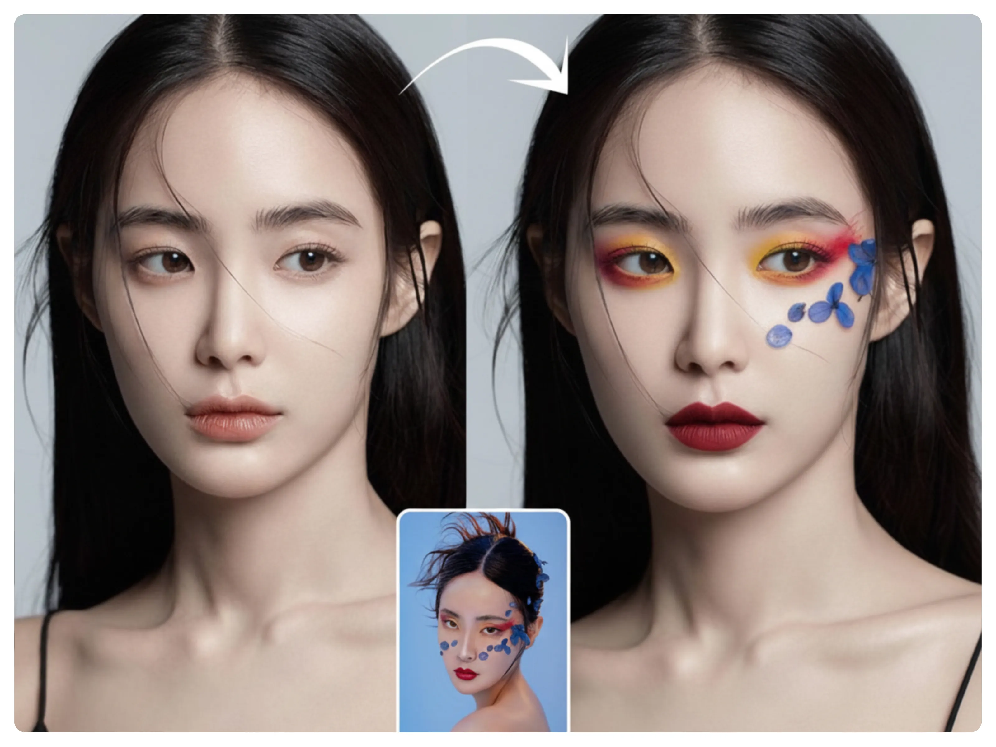 첫 번째 이미지의 피사체에 두 번째 이미지에 묘사된 미용 기술을 적용하여 변형하세요