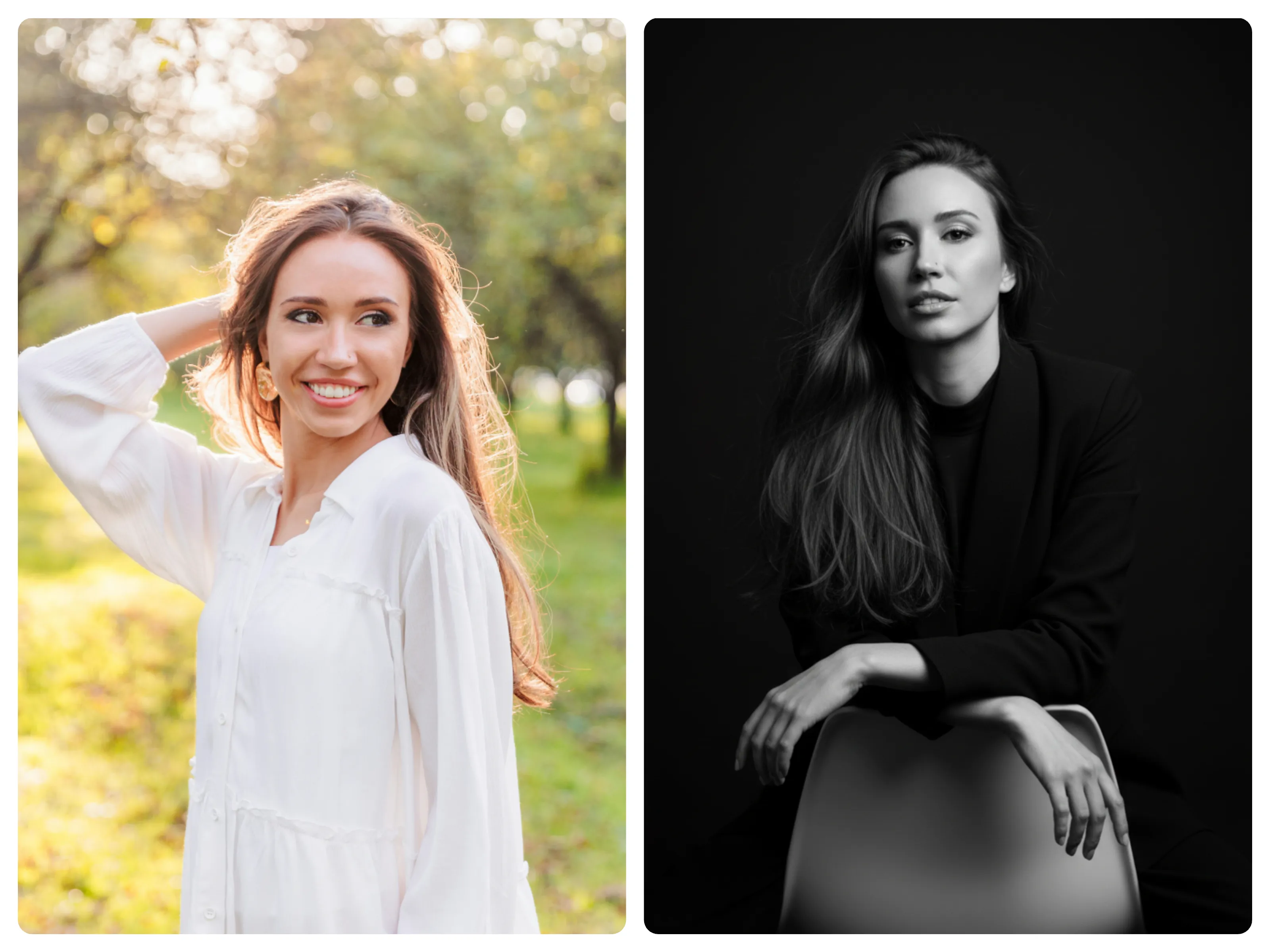 Generate a professional portrait of the lady, depicting her seated in a chair.