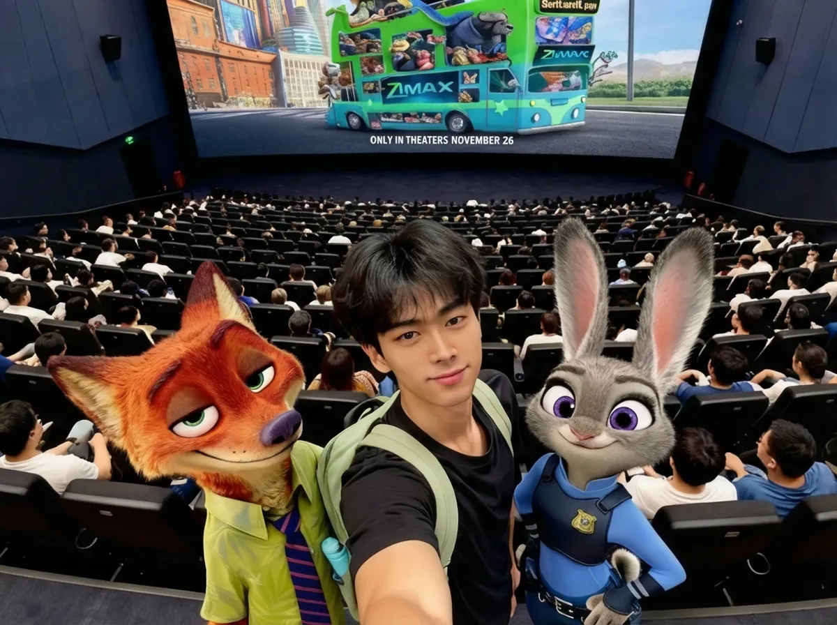 一个男人在电影院与朱迪霍普斯和尼克王尔德合影